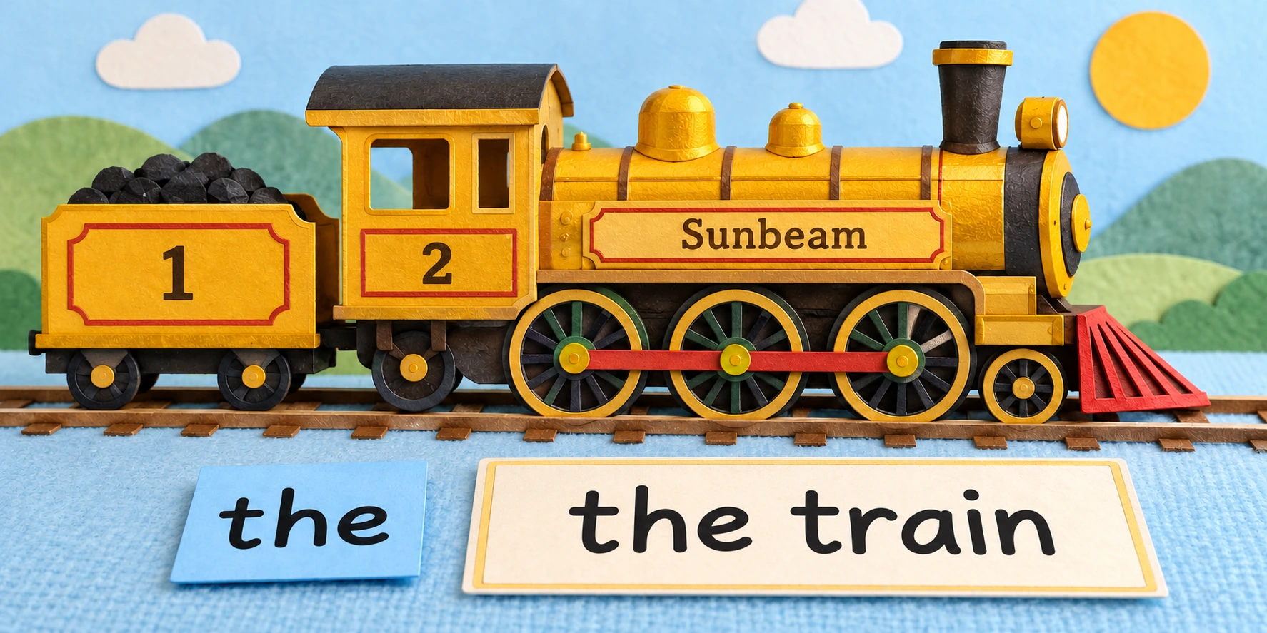 A named locomotive supports a shared-reference conversation Golden paper train with the tile and the train phrase card