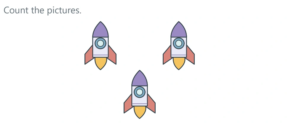 Three purple rocket pictures positioned two above one in the upper counting task