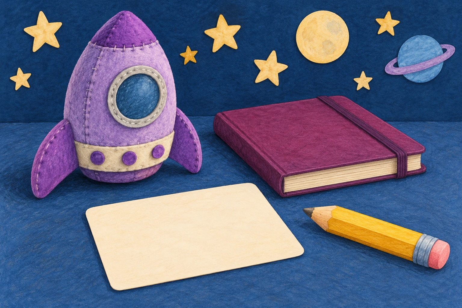 Lavender felt rocket with a closed plum notebook, blank mission card and yellow pencil