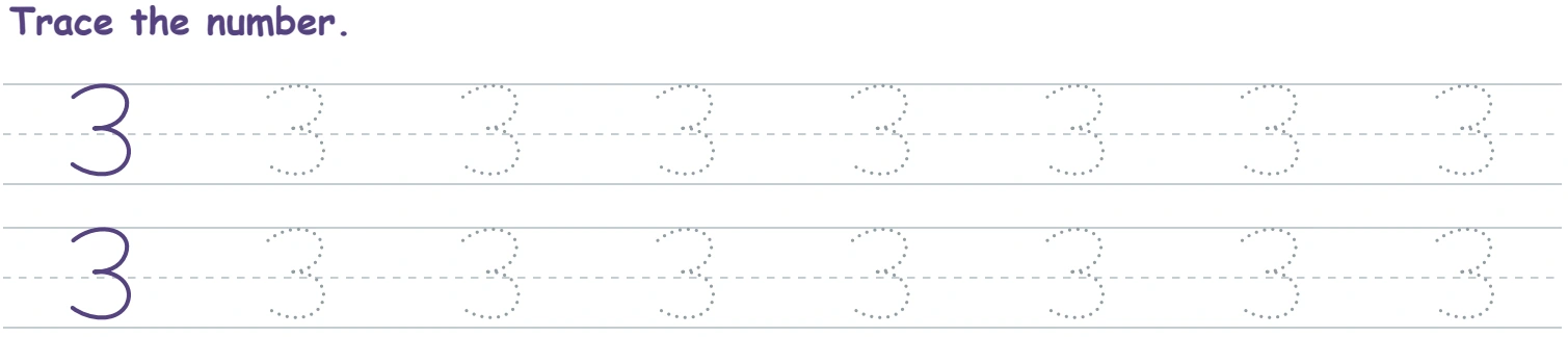 Printed 3 models followed by dotted double-curve numerals on two writing rows