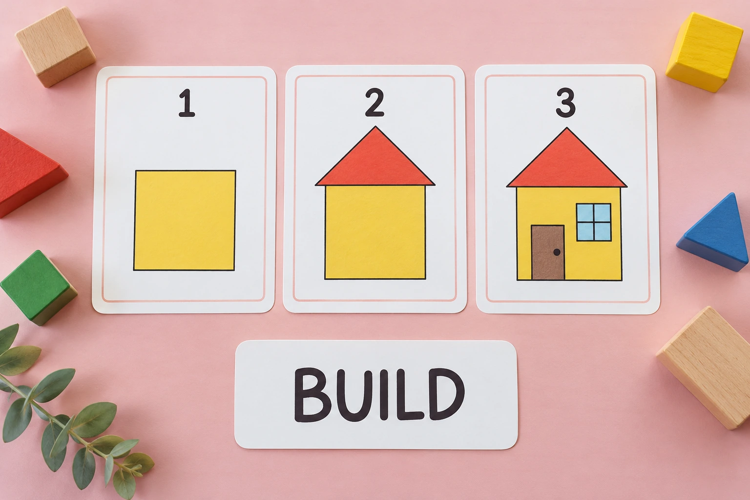 A finished three-card construction example for discussion Completed numbered stage cards showing square then roofed house then house with door and window beside BUILD text