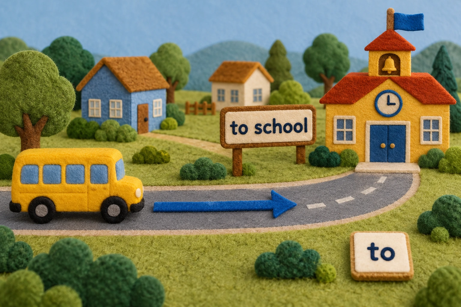 A destination phrase has somewhere visible to lead Felt bus route toward a school with to school sign and to tile