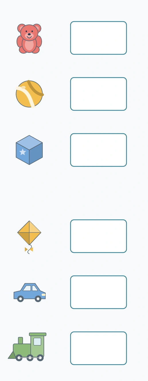 Toy Counting Zones: answer key view Six toy reference icons sit outside the collections beside their individual numeral spaces.