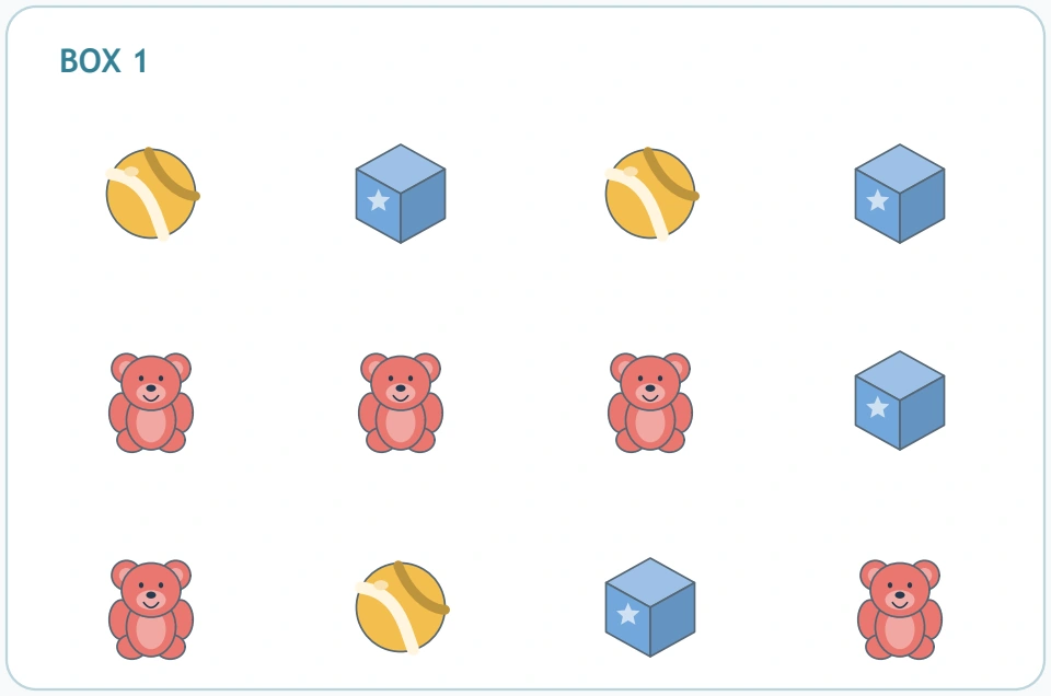 Toy Counting Zones: box one view BOX 1 encloses twelve teddy, ball and block pictures arranged in three rows.