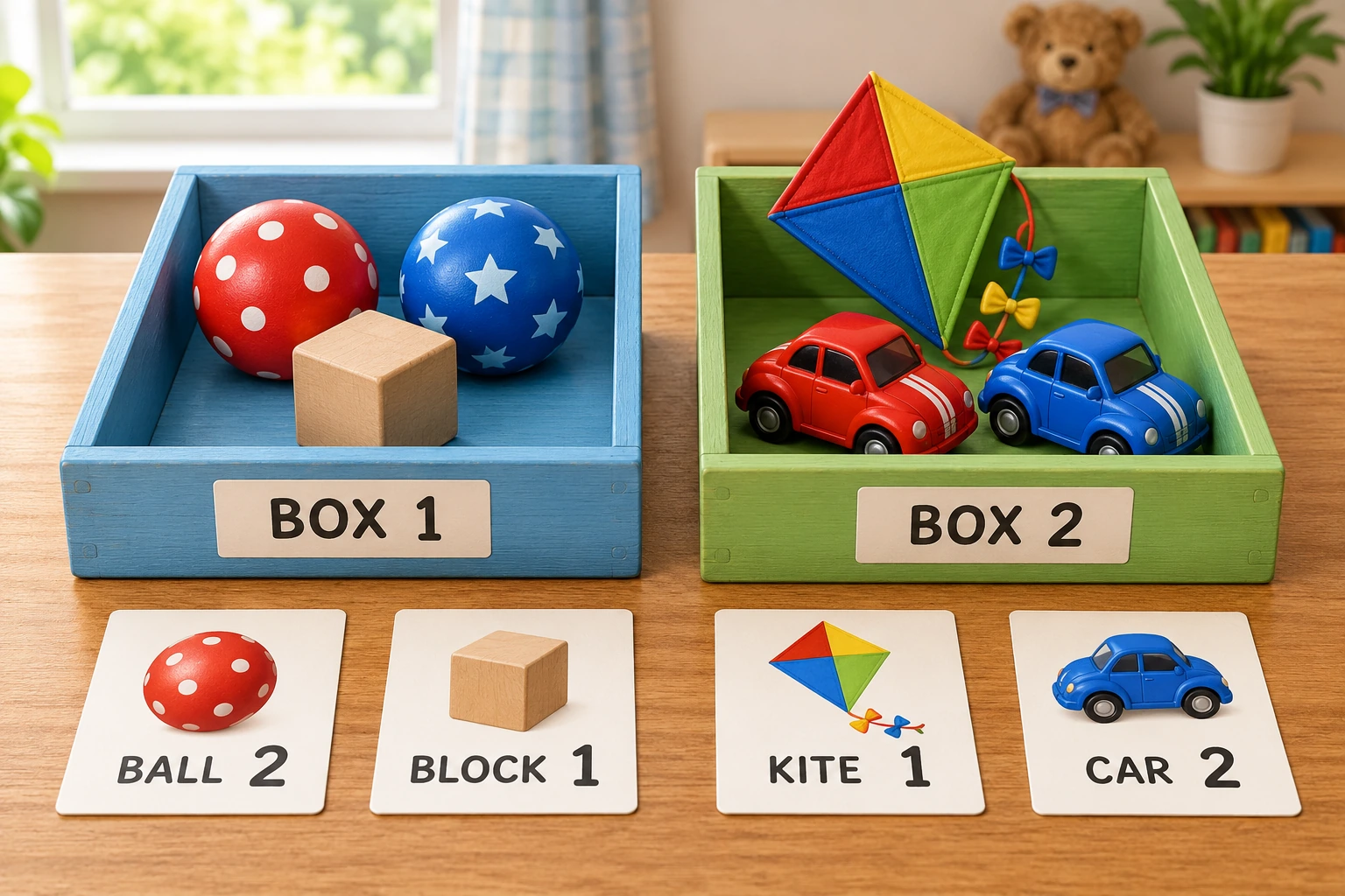Original tactile play scene for toy counting zones A separate two-box example holds two balls and one block in BOX 1, one kite and two cars in BOX 2, with accurate numeral cards.