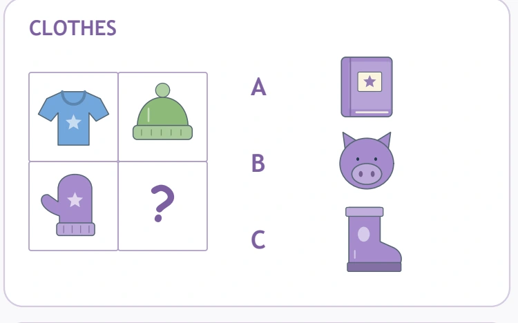 The CLOTHES panel contains shirt, hat and mitten examples beside three possible fourth members.