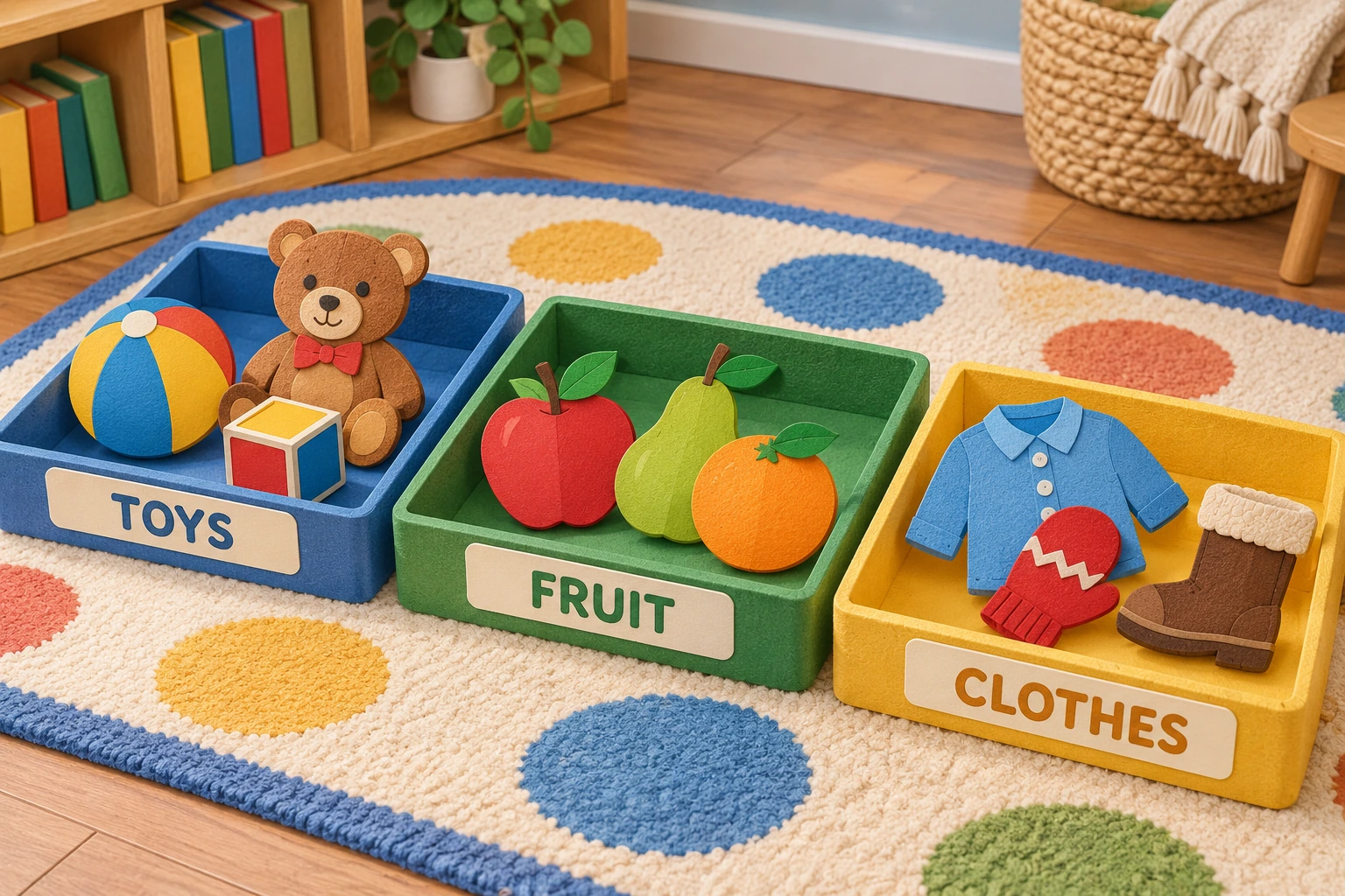 TOYS, FRUIT and CLOTHES trays hold familiar objects that share each tray label.