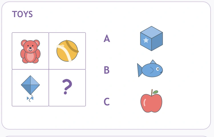 The TOYS panel shows teddy, ball and kite examples with block, fish and apple choices.