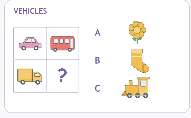 The VEHICLES panel shows car, bus and truck examples with flower, sock and train options.