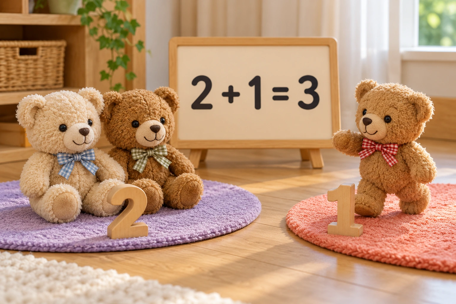 A small bear group offers a gentle count-on rehearsal Two plush bears and one plush bear with 2 + 1 = 3 displayed