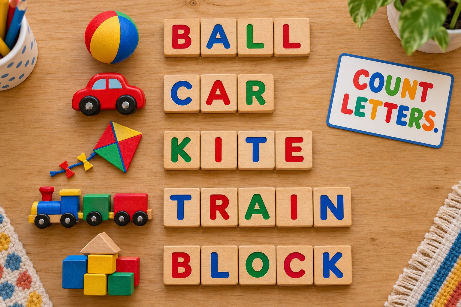 BALL, CAR, KITE, TRAIN and BLOCK are fully spelled beside matching toy models.