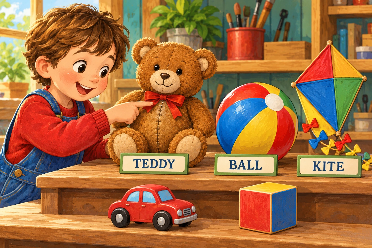 Original tactile play scene for toy half partners TEDDY, BALL and KITE labels identify familiar complete toys on a repair-themed shelf.