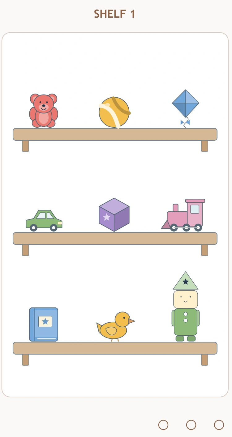 Toy Shelf Differences — first toy shelf Shelf 1 holds nine toys across three horizontal levels.