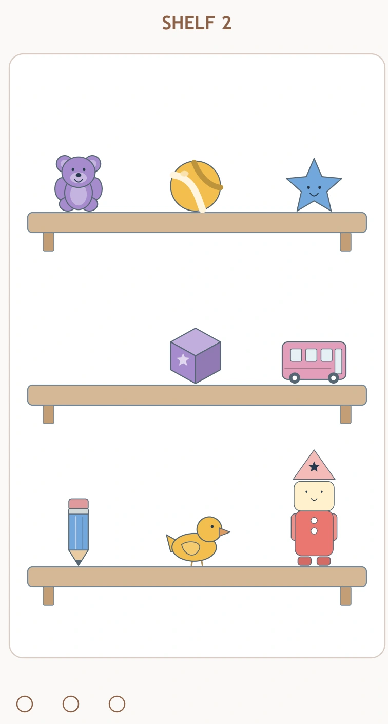 Toy Shelf Differences — second toy shelf Shelf 2 has a purple bear, star, missing car position, bus, pencil and red robot.