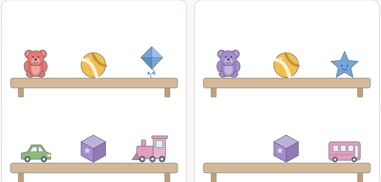 Toy Shelf Differences — upper and middle locations Both displays retain matching positions around the top ball and middle block.