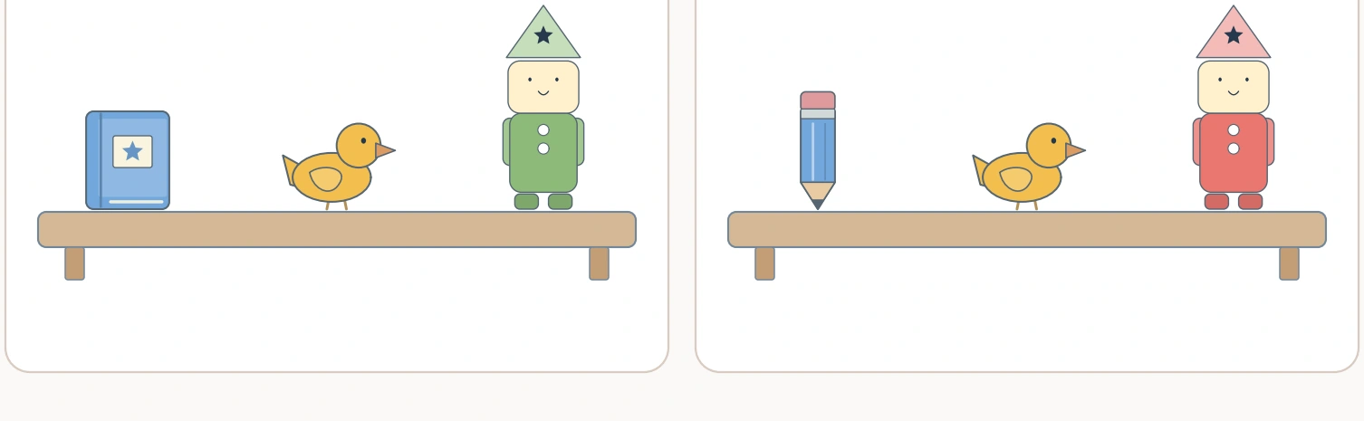 Toy Shelf Differences — bottom toy row A book becomes a pencil and the green robot becomes coral red beside an unchanged duck.
