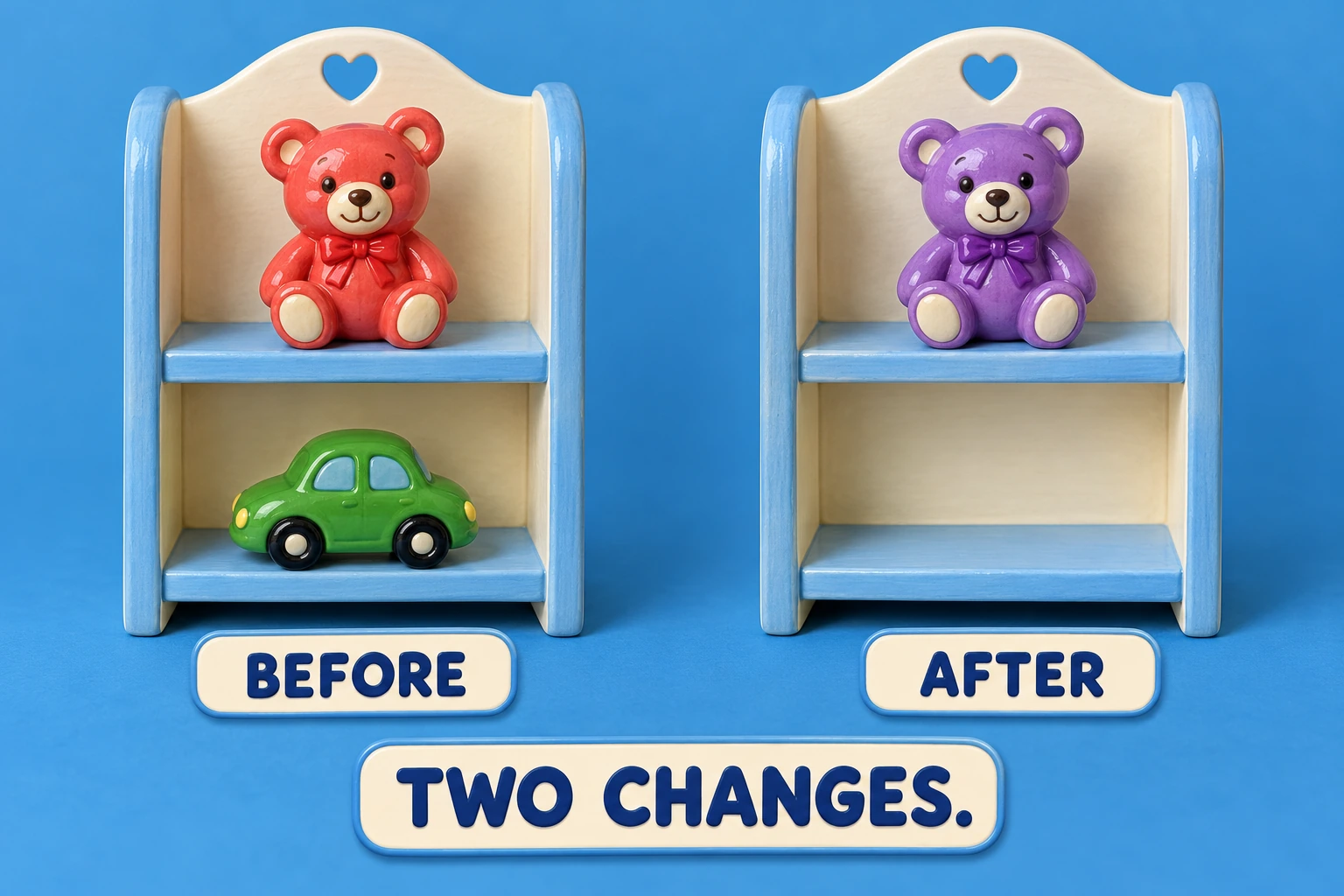 Toy Shelf Differences additional play illustration Two miniature shelves demonstrate a recoloured bear and one missing car.
