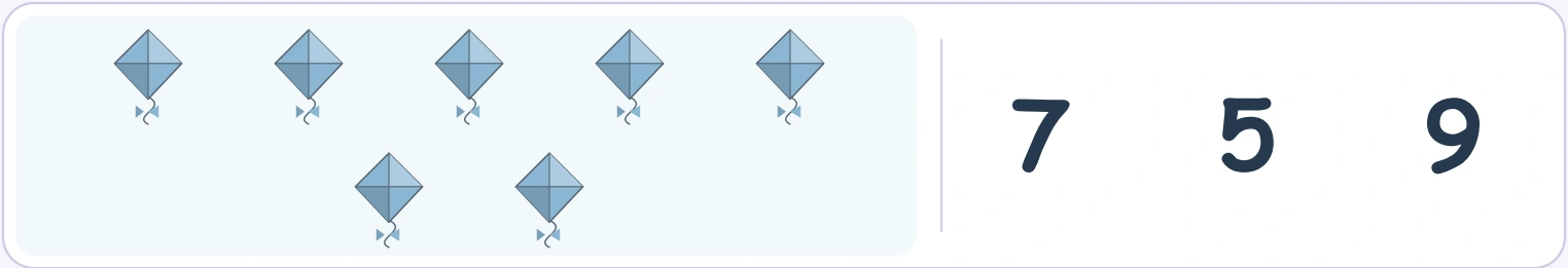 Seven separate kites include the two lower pictures Seven kite pictures with five above two and options 7, 5 and 9