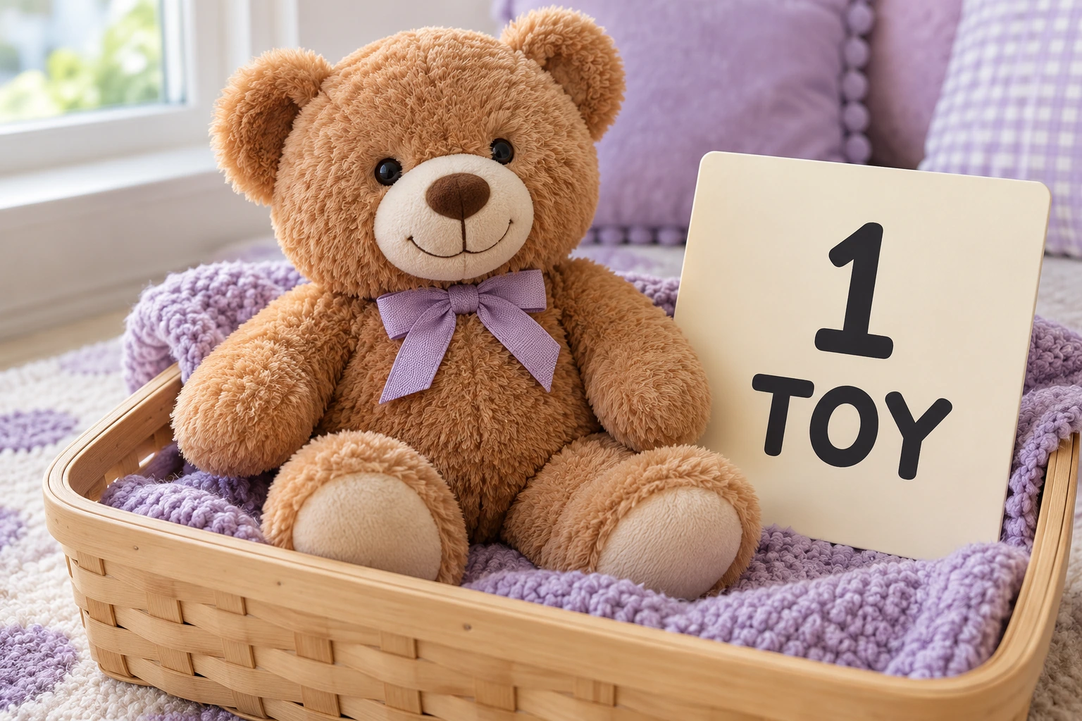 A large bear illustrates a small quantity One plush teddy in a shallow basket beside a large 1 TOY board