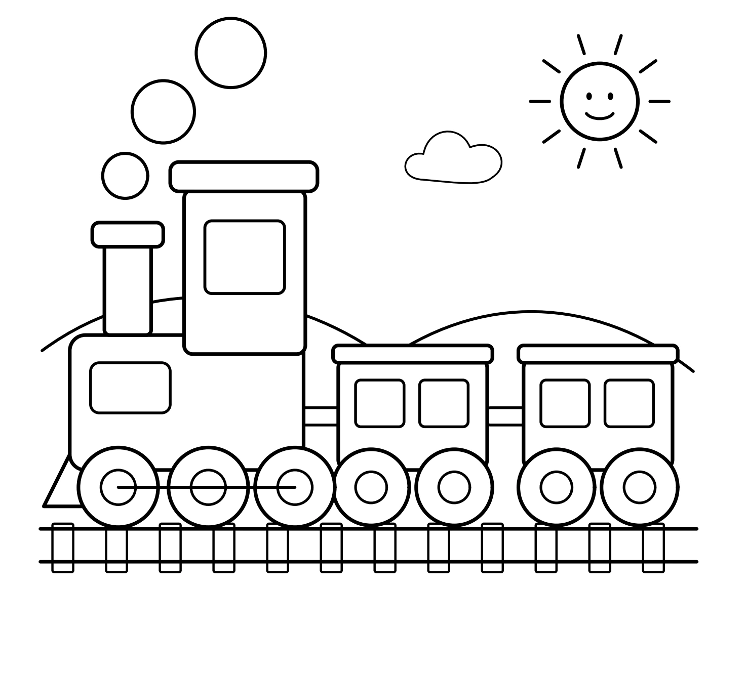 Train engine followed by two carriages on a rail line