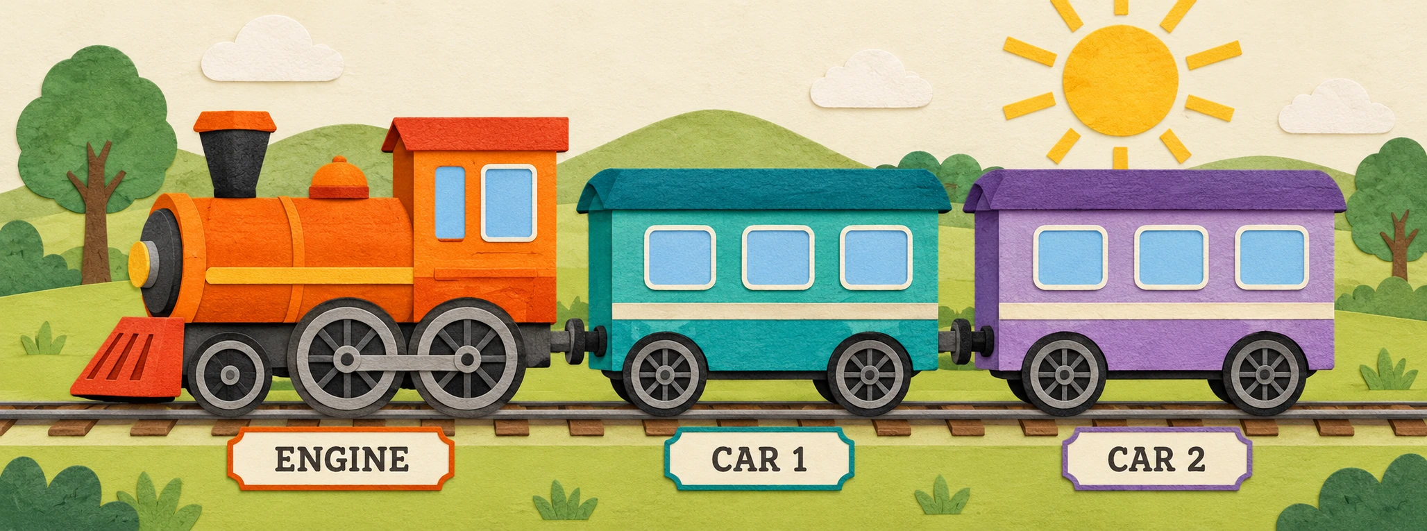 Paper engine with exactly two cars labelled ENGINE CAR 1 and CAR 2