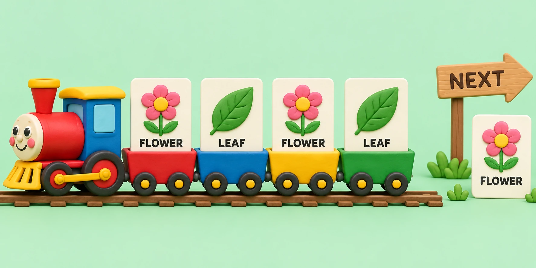 Flower and leaf train tickets show a completed alternating repeat.