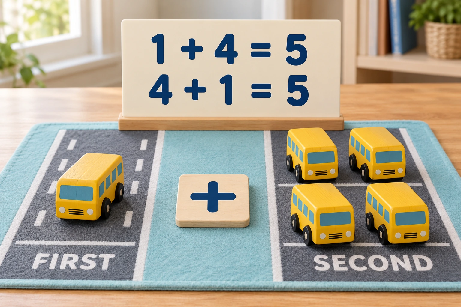 A road mat compares two orders for the same five buses One wooden bus and four wooden buses with 1 + 4 = 5 and 4 + 1 = 5 displayed