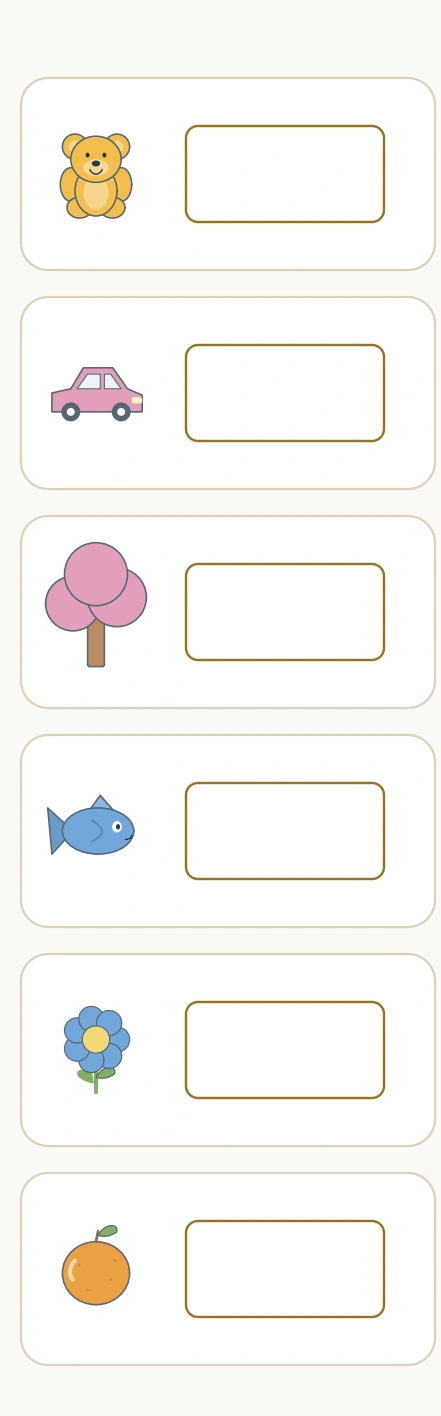 Bear, car, tree, fish, flower and orange appear beside six intended reference boxes.