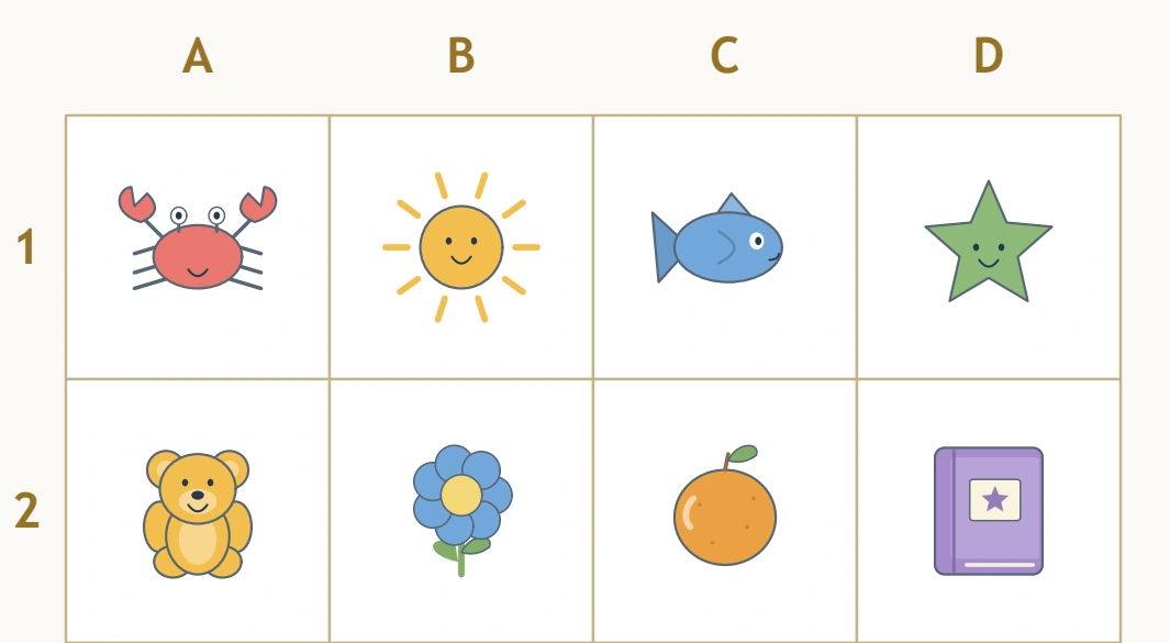Column letters and row labels stay visible with the upper eight map pictures.