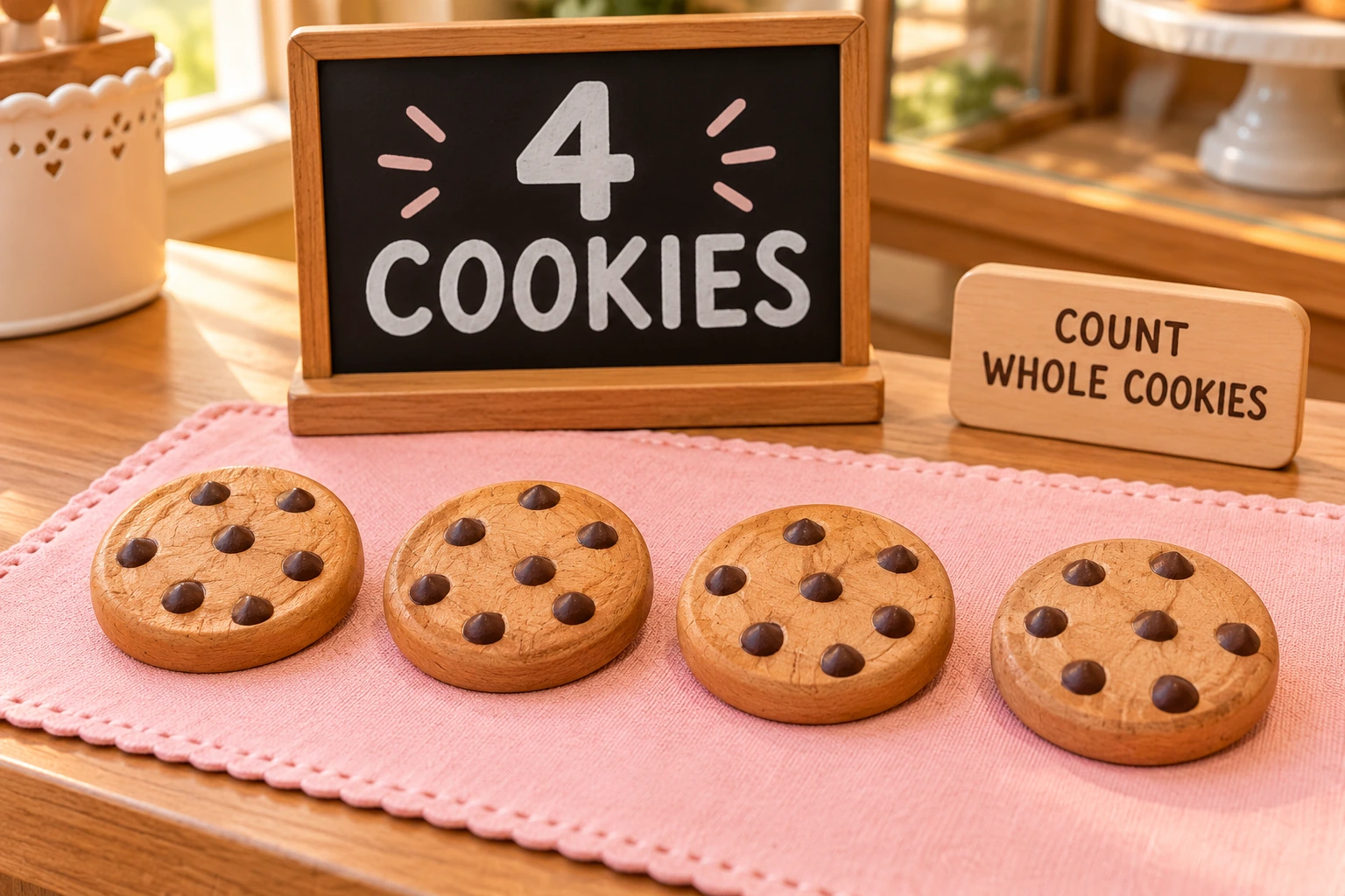 Four wooden chip-cookie toys beside 4 COOKIES and COUNT WHOLE COOKIES signs