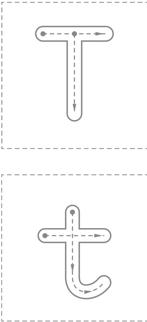 Large uppercase T and lowercase t arrow guides from the Tt source