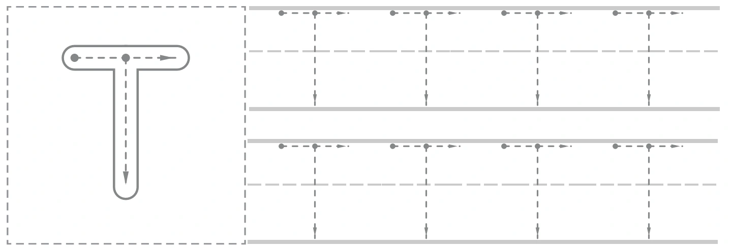 Tt uppercase panel with a large T guide and eight smaller capital tracing forms