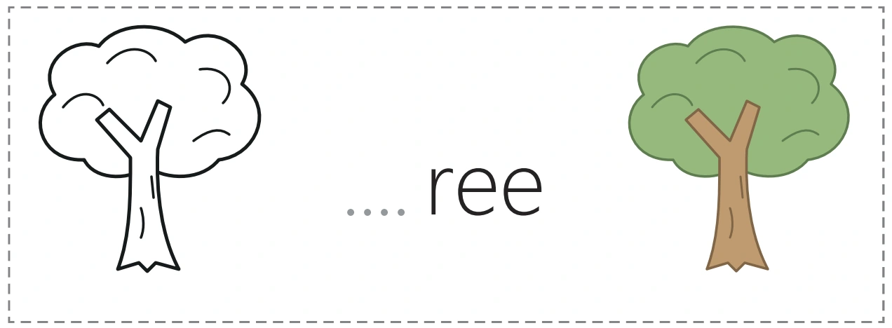An outline tree, an unfinished tree word and its colored picture partner