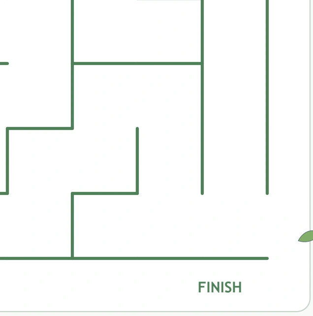 The lower-right maze corridors lead towards a leaf and the FINISH label.