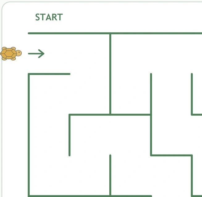 The turtle, START arrow and first green-walled corridors appear near the entry.