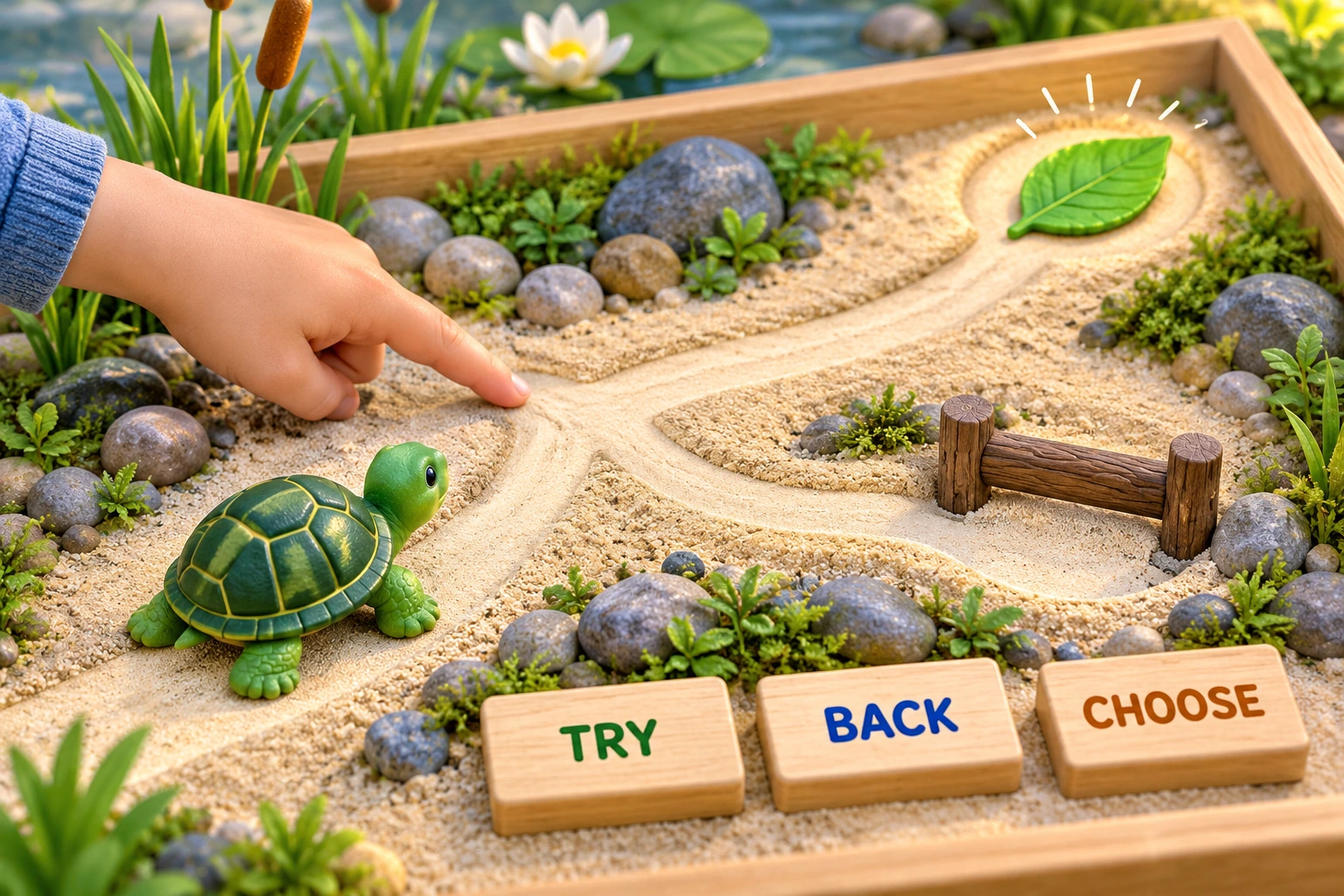 TRY, BACK and CHOOSE blocks accompany a turtle route, a barrier and a leaf destination.
