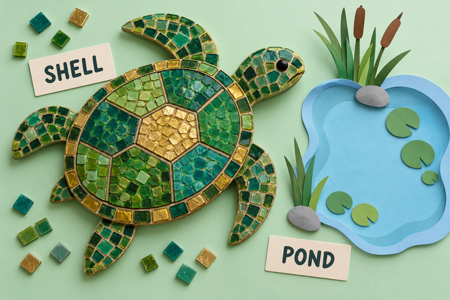 Mosaic turtle craft beside a paper pond with SHELL and POND labels