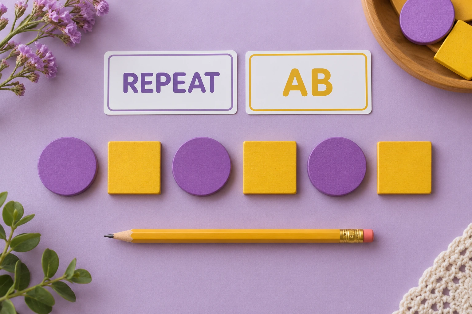 A finished token display makes a two-part unit tangible Six completed alternating circle-square tokens beside readable REPEAT and AB cards