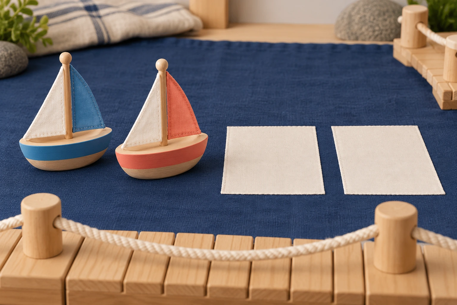 Blue and coral wooden sailboats beside two blank cream docking rectangles on navy fabric