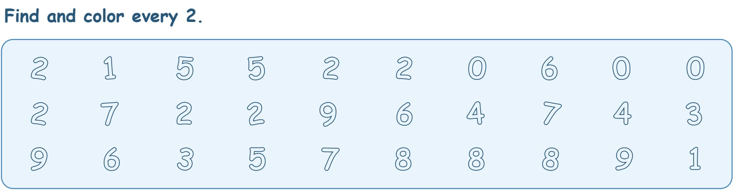 Sailboat worksheet numeral-search grid with three 2 entries in each of the first two rows