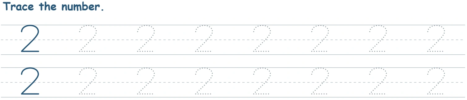 Two number-2 writing rows with curved solid models and dotted guides