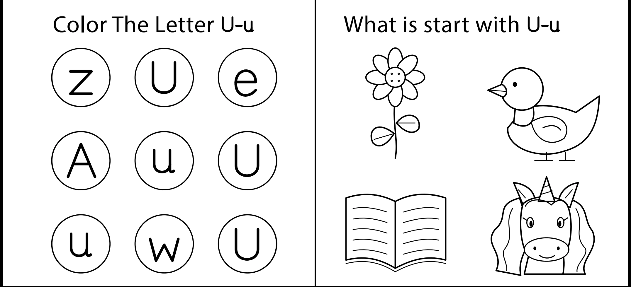 The U/u search sits alongside four object names with unicorn at lower right Original lower panel with z U e, A u U, u w U circles beside flower, duck, book and unicorn pictures
