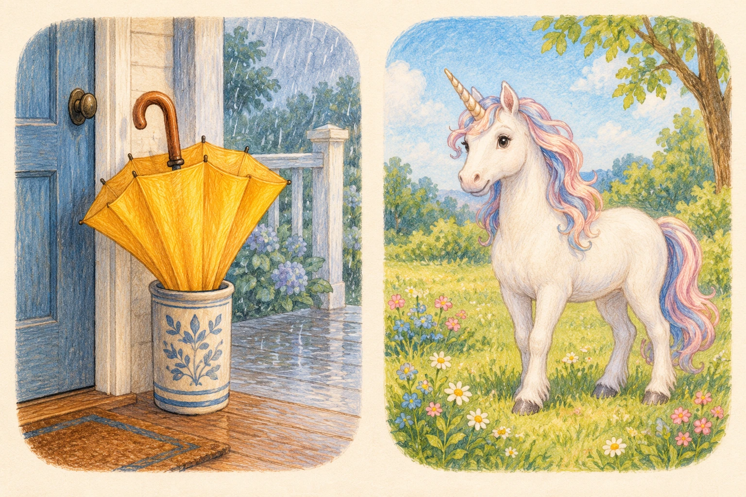 Rainy-porch and meadow scenes pair umbrella with unicorn without written labels Colored-pencil pair showing a golden umbrella by a rainy porch and a white unicorn in a sunny meadow