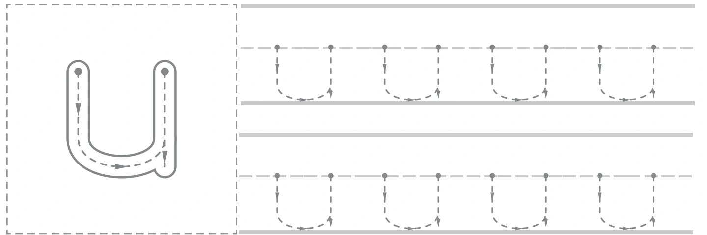 Lowercase u model beside two rows of dotted u tracing on the umbrella page