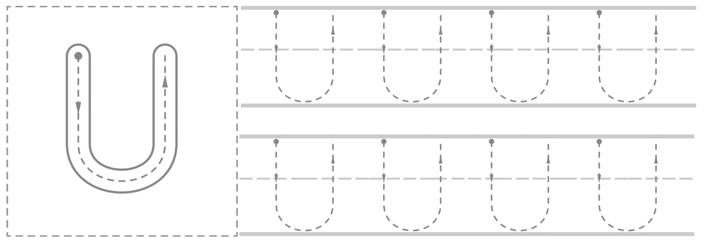 Uu uppercase panel with a large U guide and eight smaller capital tracing forms