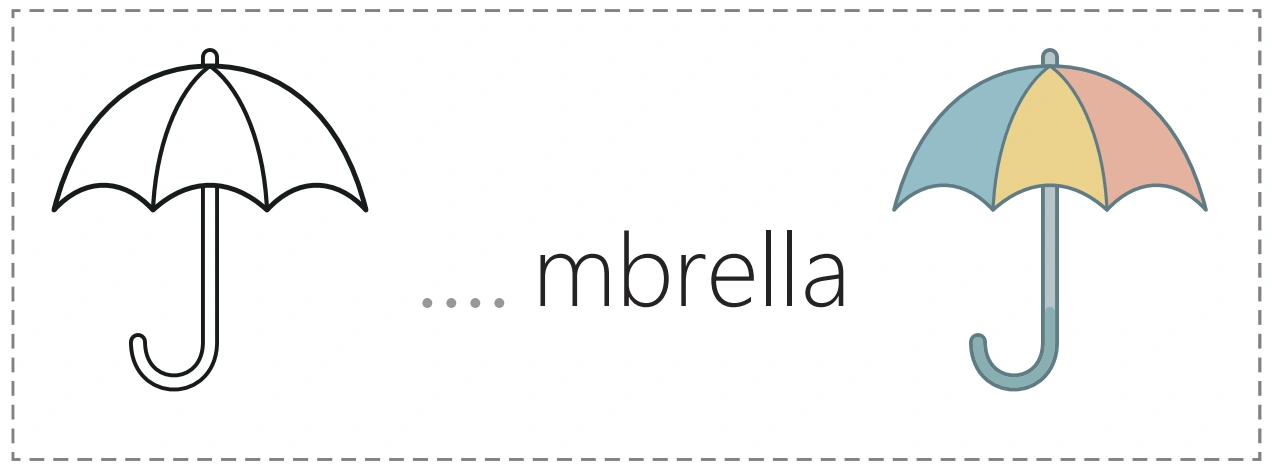 An outline umbrella, an unfinished umbrella word and its colored picture partner