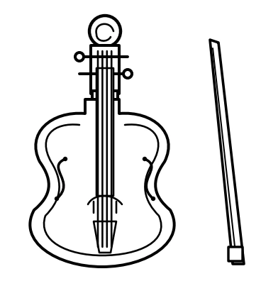 Original outlined violin with strings, scroll and a separate long bow from the lower-right picture choice