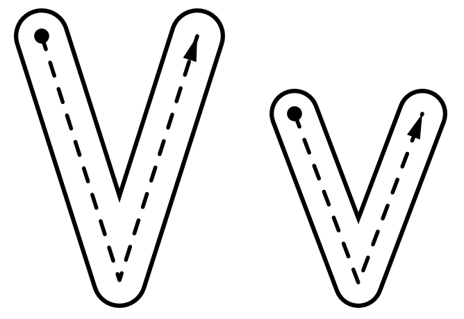 Capital V and lowercase v dotted arrow routes descending to one point and rising along the other diagonal