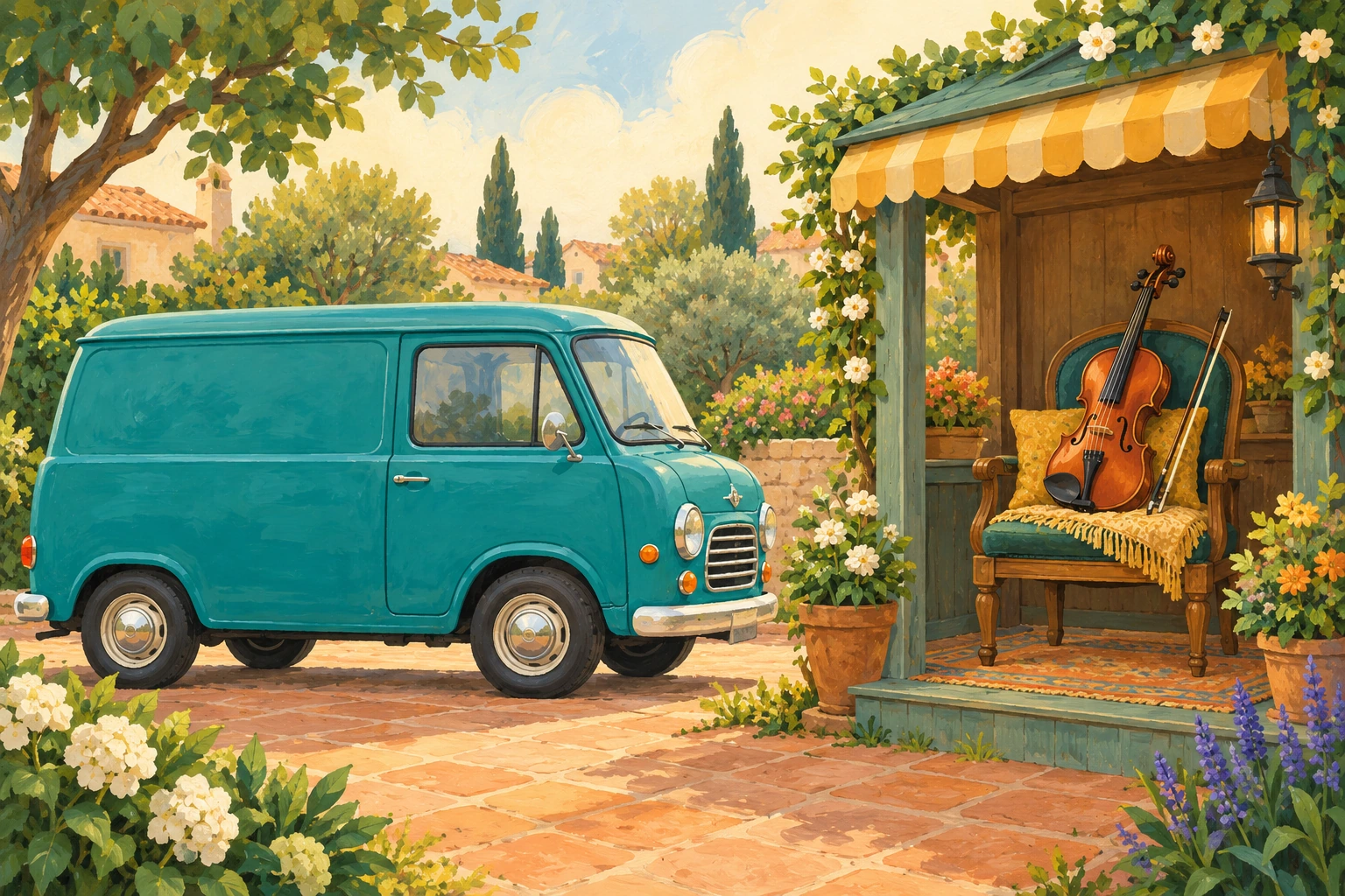 Gouache scene with a teal van parked beside a garden music kiosk and a violin with bow on a cushioned chair
