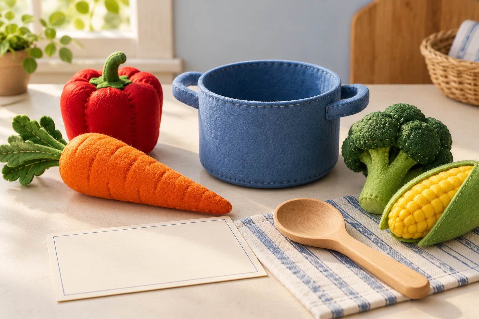 Soft kitchen props invite a conversation about a changed ingredient request Felt carrot, red pepper, broccoli and corn beside an empty blue toy pot, wooden spoon and blank recipe card